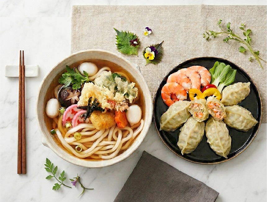 miri udon noodle bowl and Korean dumpling platter