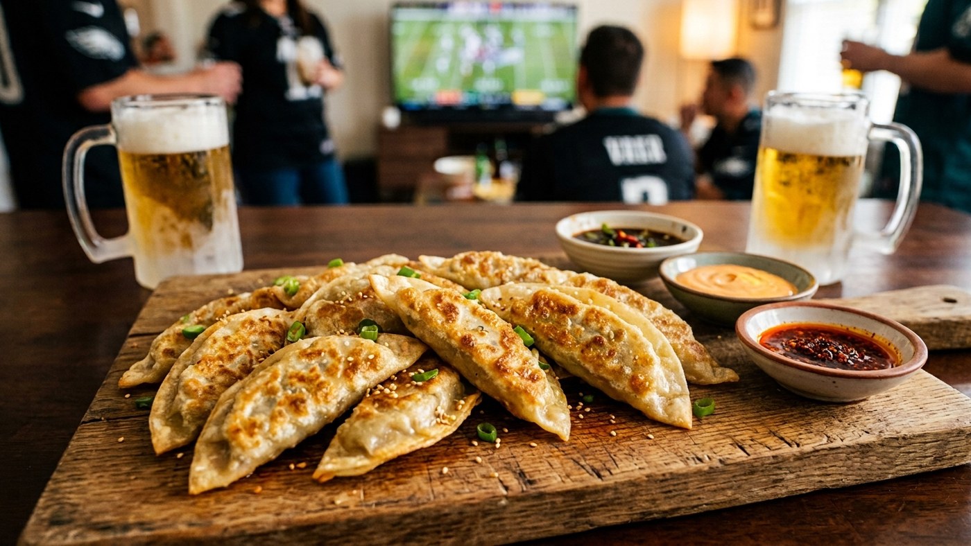 Game day dumpling board with three dipping sauces