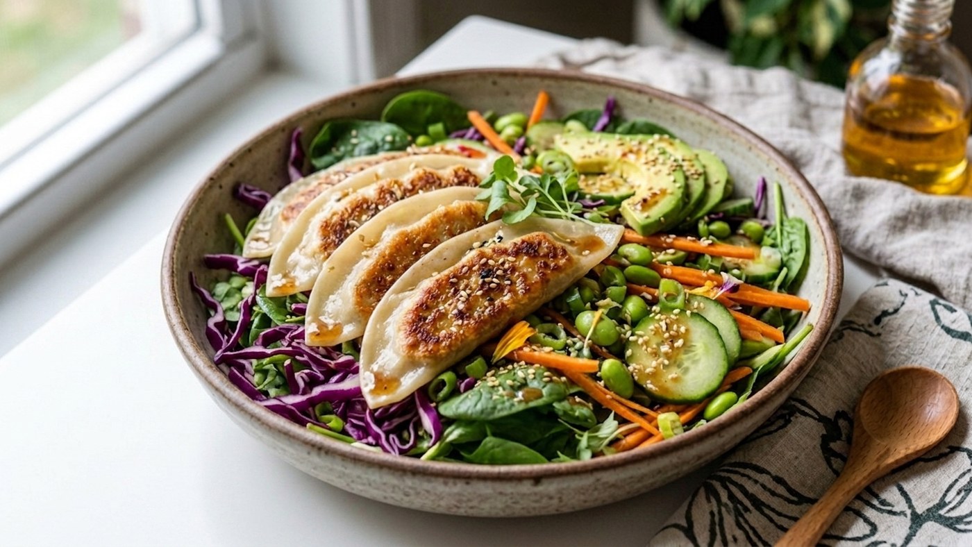 Crispy dumpling salad bowl with avocado and edamame